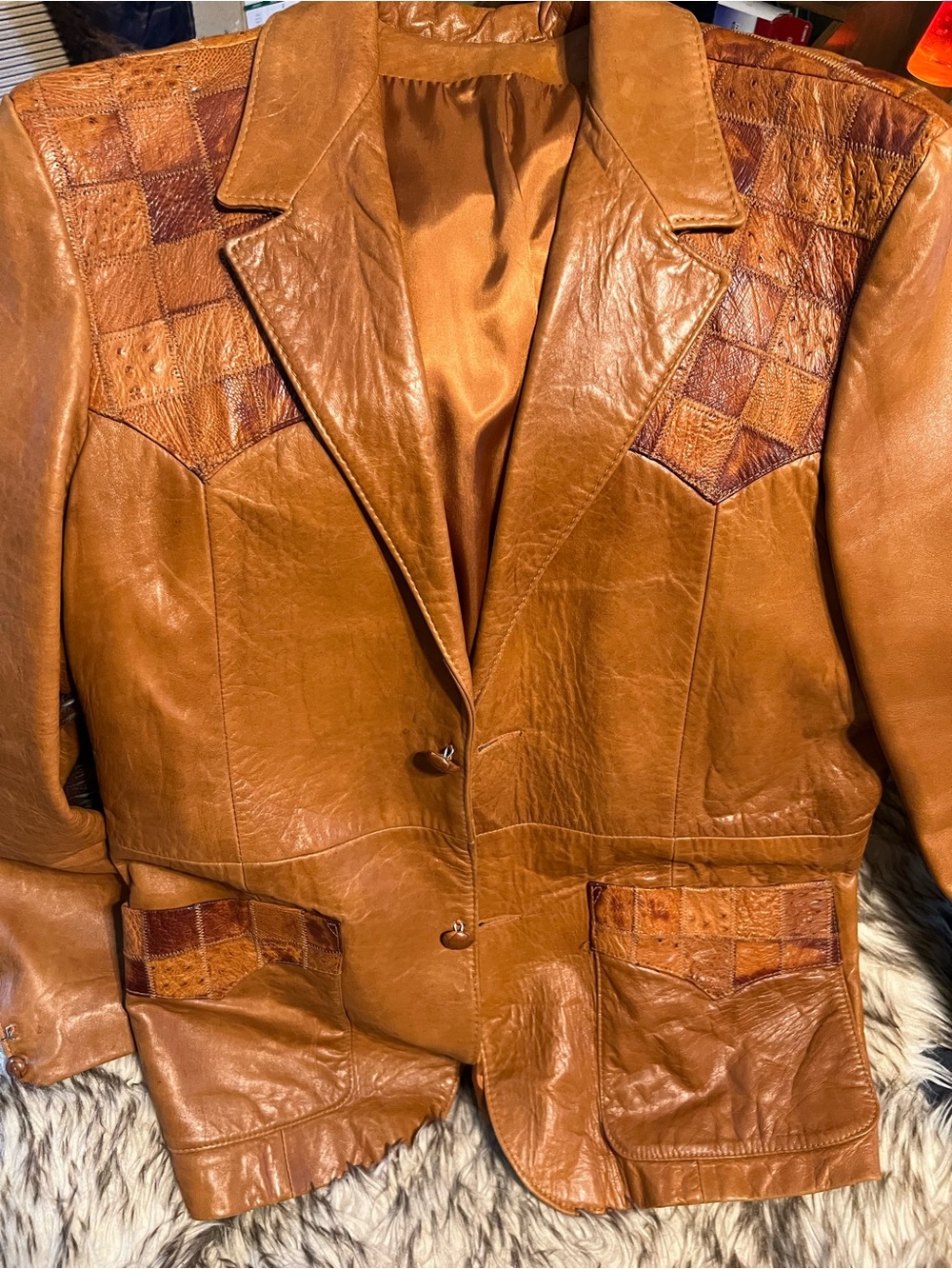 Men's ALTMAN VTG Tan Leather OSTRICH Patchwork Blazer Jacket Sz 46